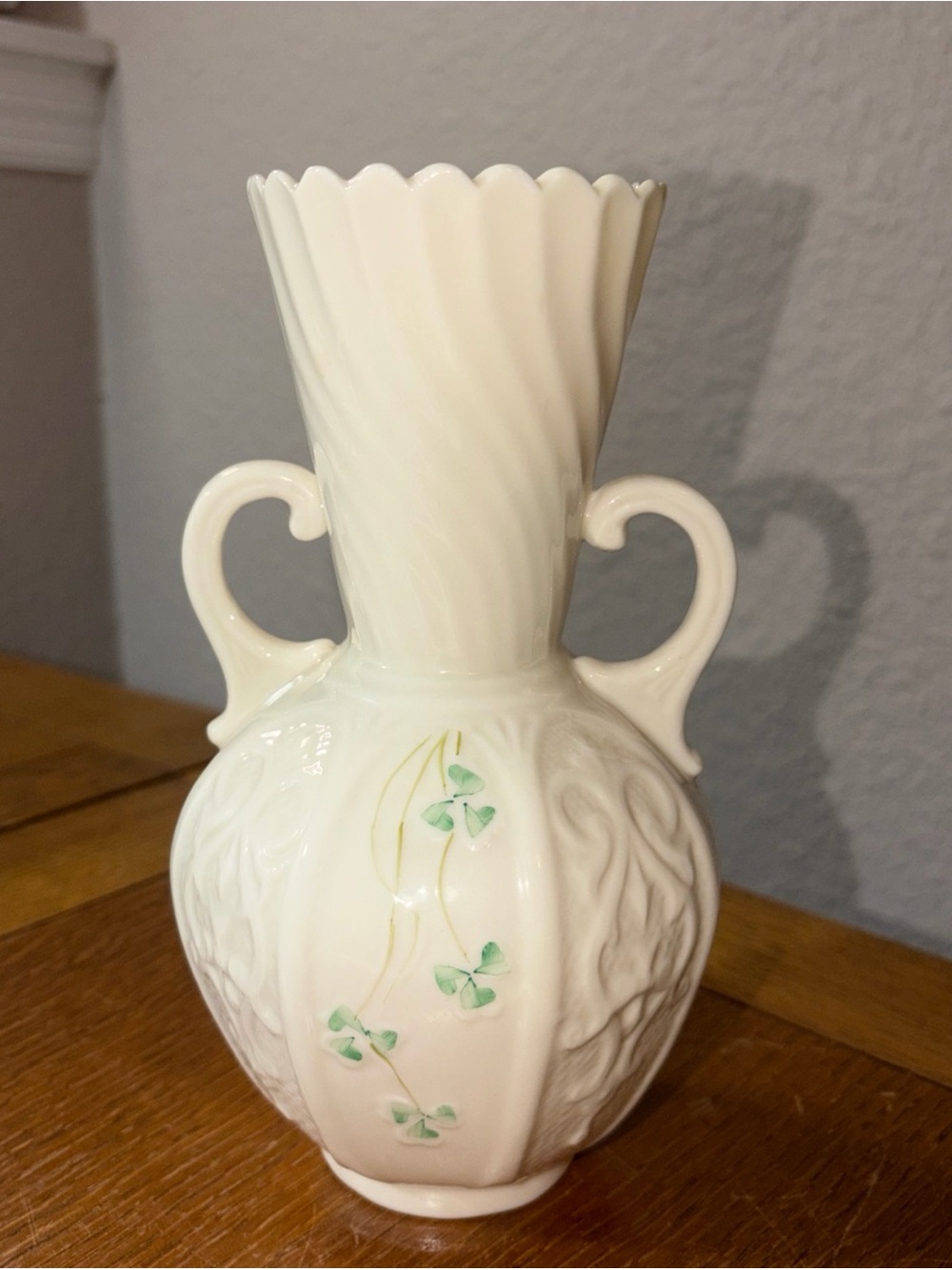 Vintage BELLEEK Shamrock Clover Scalloped Edge 2 Handles Vase 8”